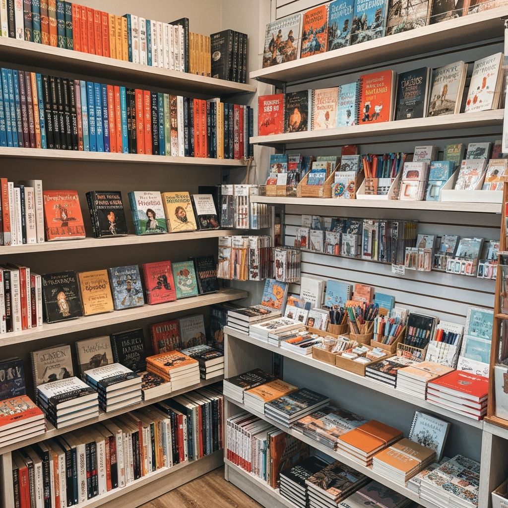 Books and stationery items displayed on shelves at Nerang Fair News and Gifts